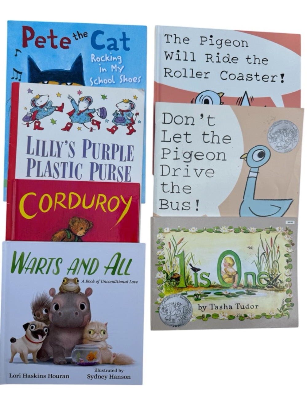 Assorted Lot of 7 Children’s Books: Pete the Cat, Pigeon books, Lilly’s Purple